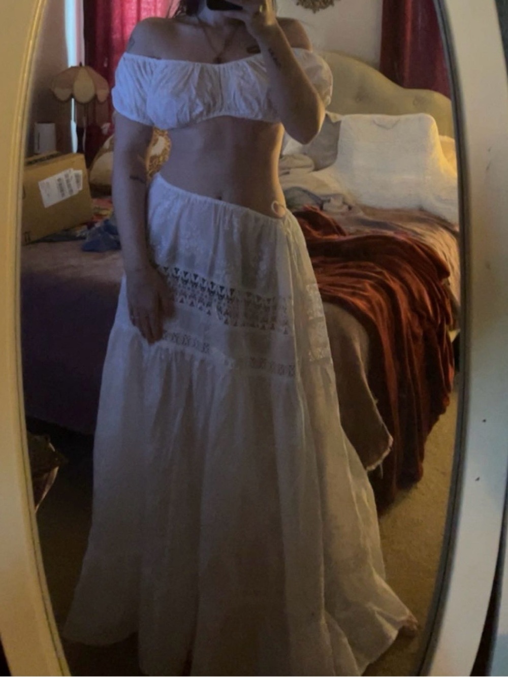 White Off-Shoulder Crop Top & White Maxi Skirt Set